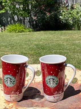 Starbucks EUC 2007 Red and White Holiday Tall Ceramic Coffee Mugs - Pair